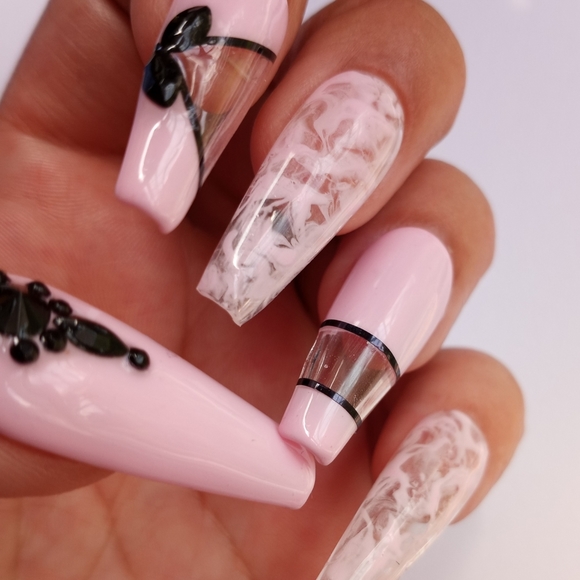 Pink marble and black gems press on nails acrylic nails uv gel pPN25 - Picture 3 of 3